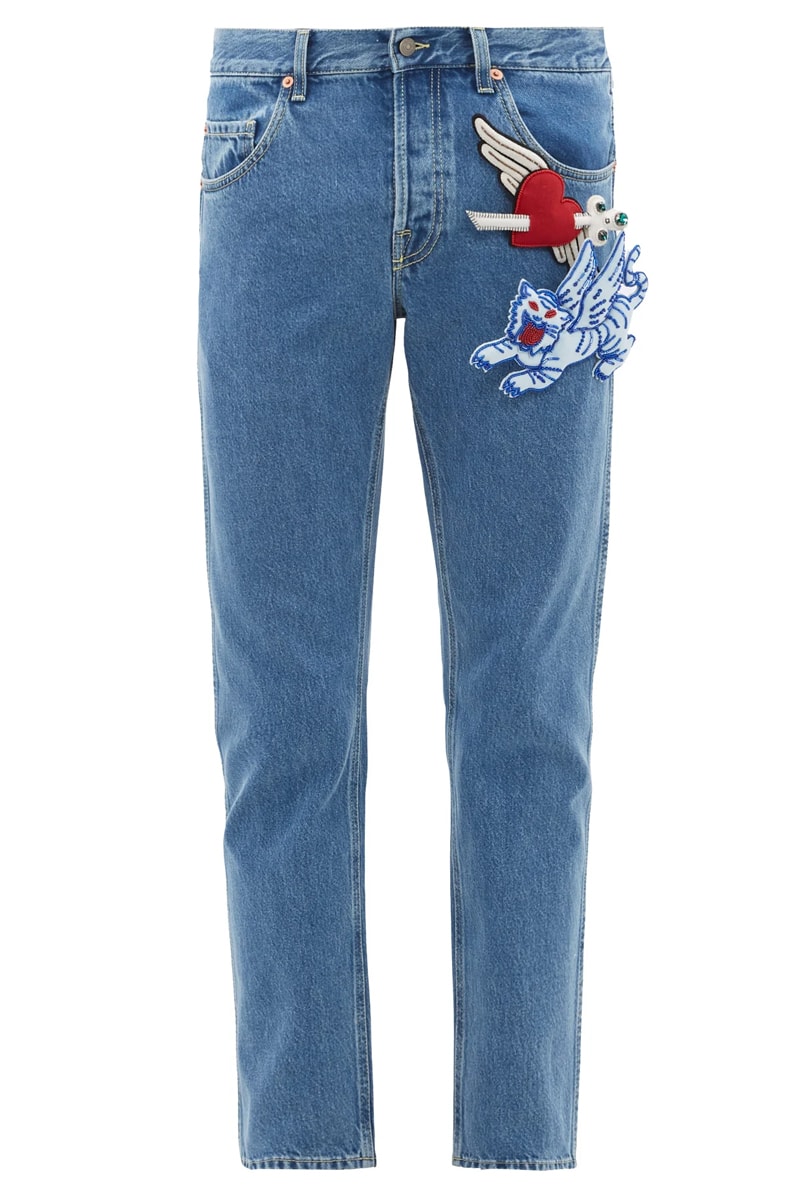Gucci Padded-Appliqué Tapered Jeans Release Blue heart Lion Cupid arrow padded