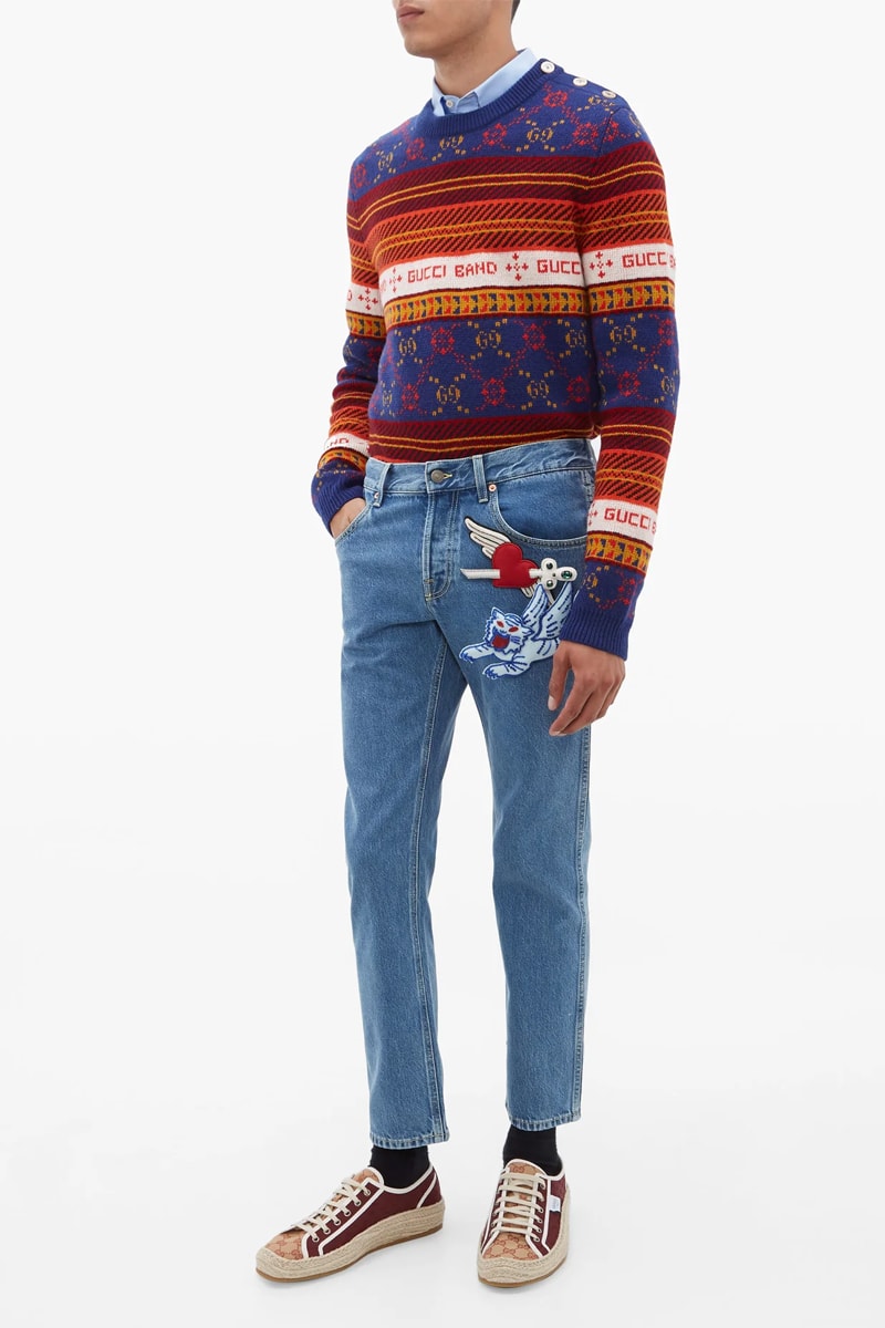 Gucci Padded-Appliqué Tapered Jeans Release Blue heart Lion Cupid arrow padded