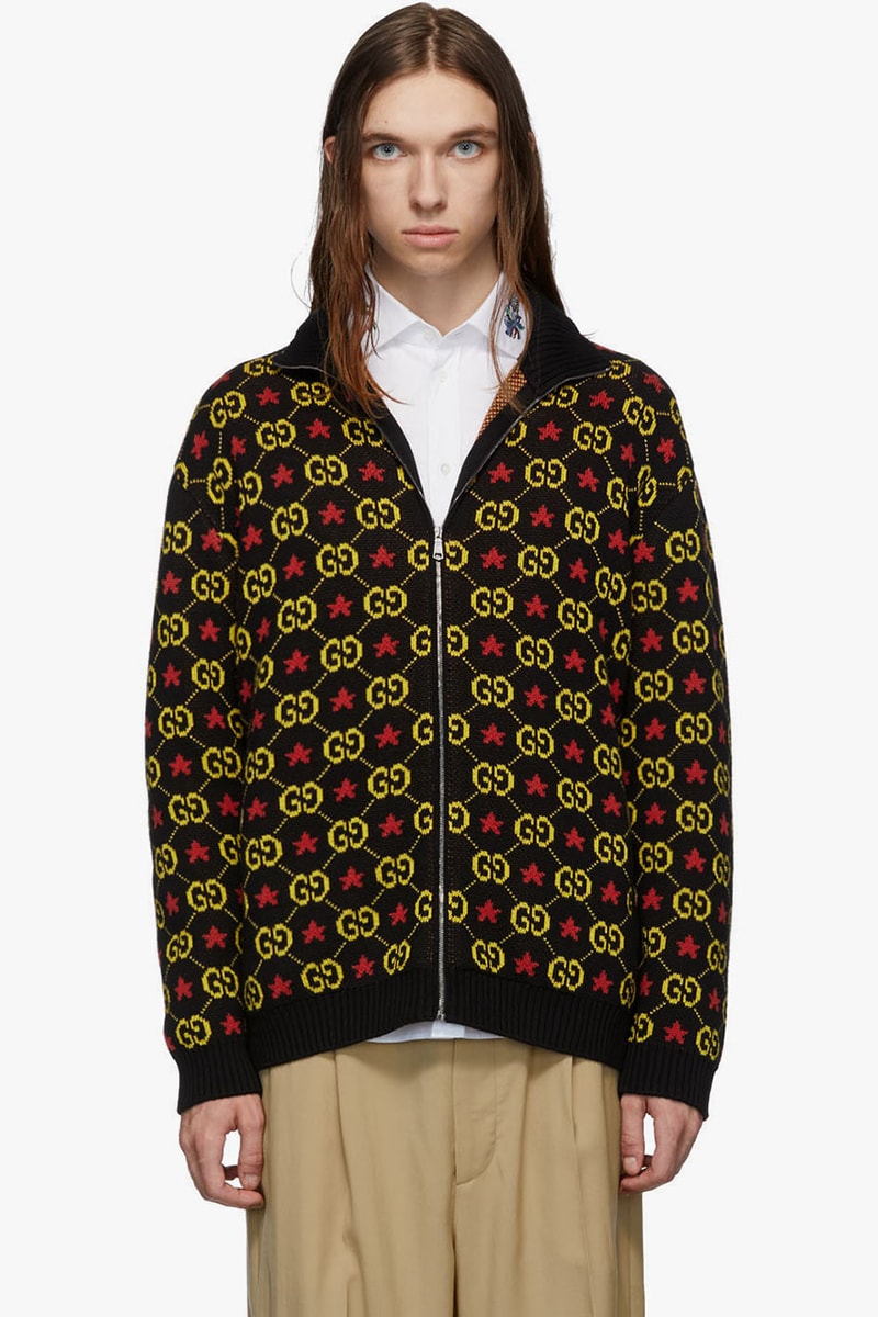 Gucci Black GG Star Sweater Navy & White Jacquard Zip-Up Sweater Long Sleeve Knit Rib Mock Neck Jacquard GG Logos Alessandro Michele Fall Winter 2019 FW19 