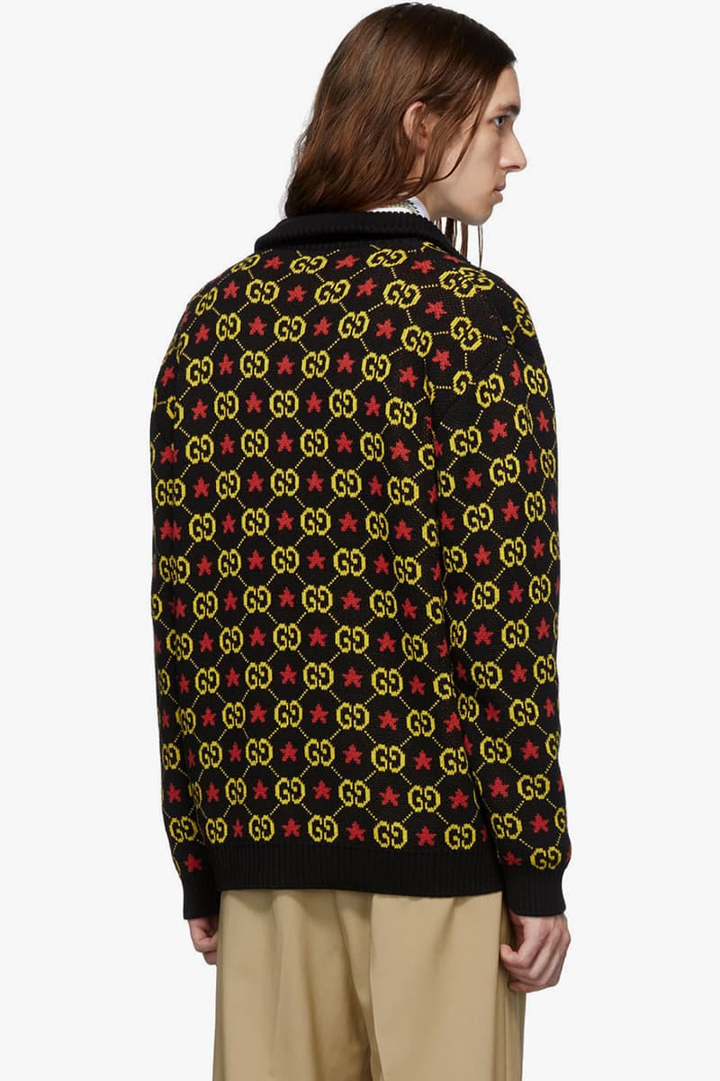 Gucci Black GG Star Sweater Navy & White Jacquard Zip-Up Sweater Long Sleeve Knit Rib Mock Neck Jacquard GG Logos Alessandro Michele Fall Winter 2019 FW19 