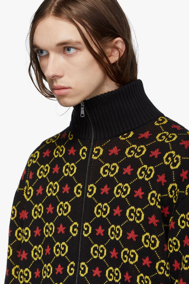 Gucci Black GG Star Sweater Navy & White Jacquard Zip-Up Sweater Long Sleeve Knit Rib Mock Neck Jacquard GG Logos Alessandro Michele Fall Winter 2019 FW19 