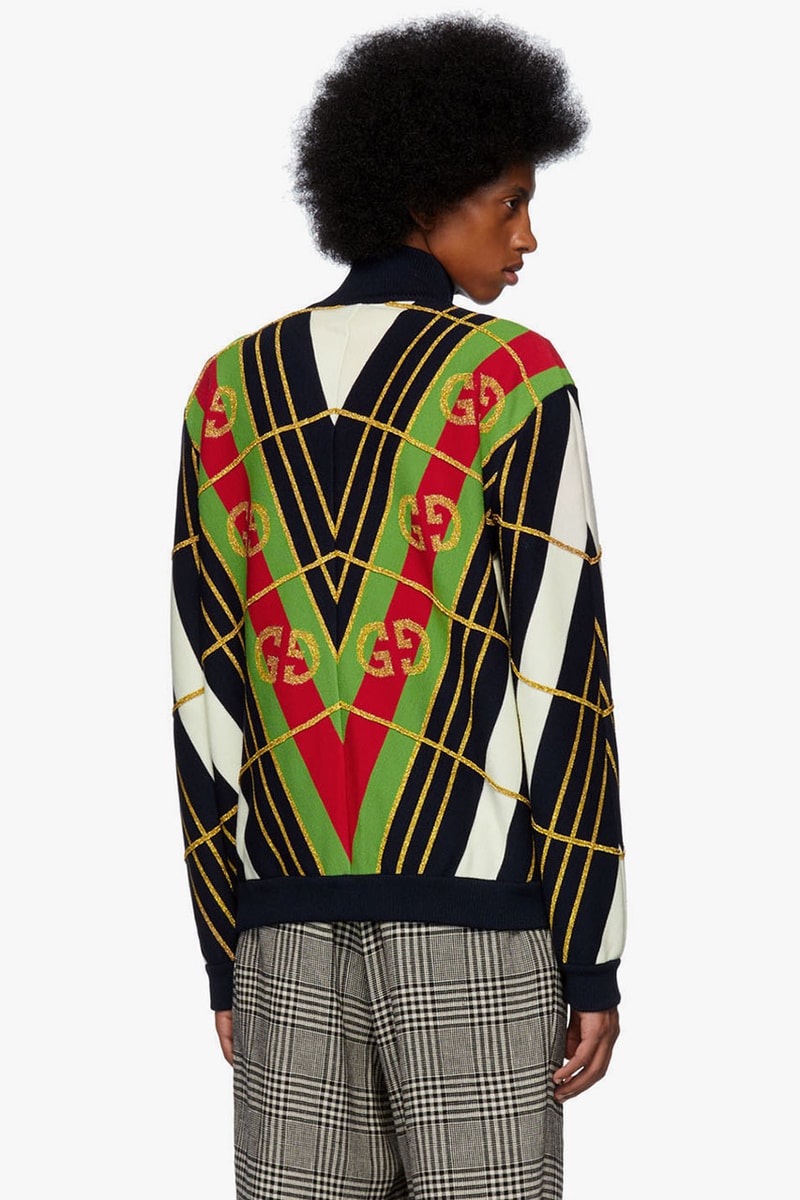 Gucci Black GG Star Sweater Navy & White Jacquard Zip-Up Sweater Long Sleeve Knit Rib Mock Neck Jacquard GG Logos Alessandro Michele Fall Winter 2019 FW19 
