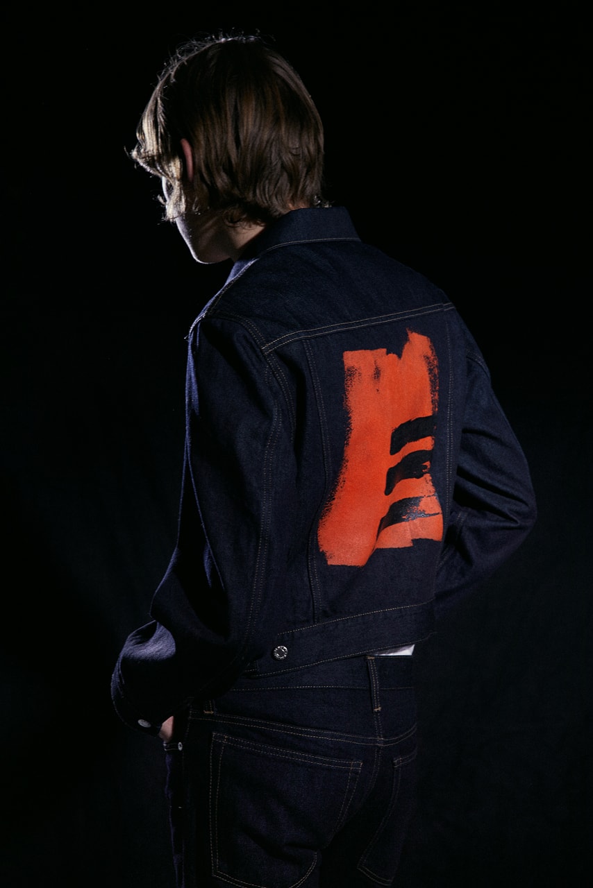 Helmut Lang Josephine Meckseper artist Capsule Collection Jeans three striped trucker Jacket 1997 Tee Paint Orange White