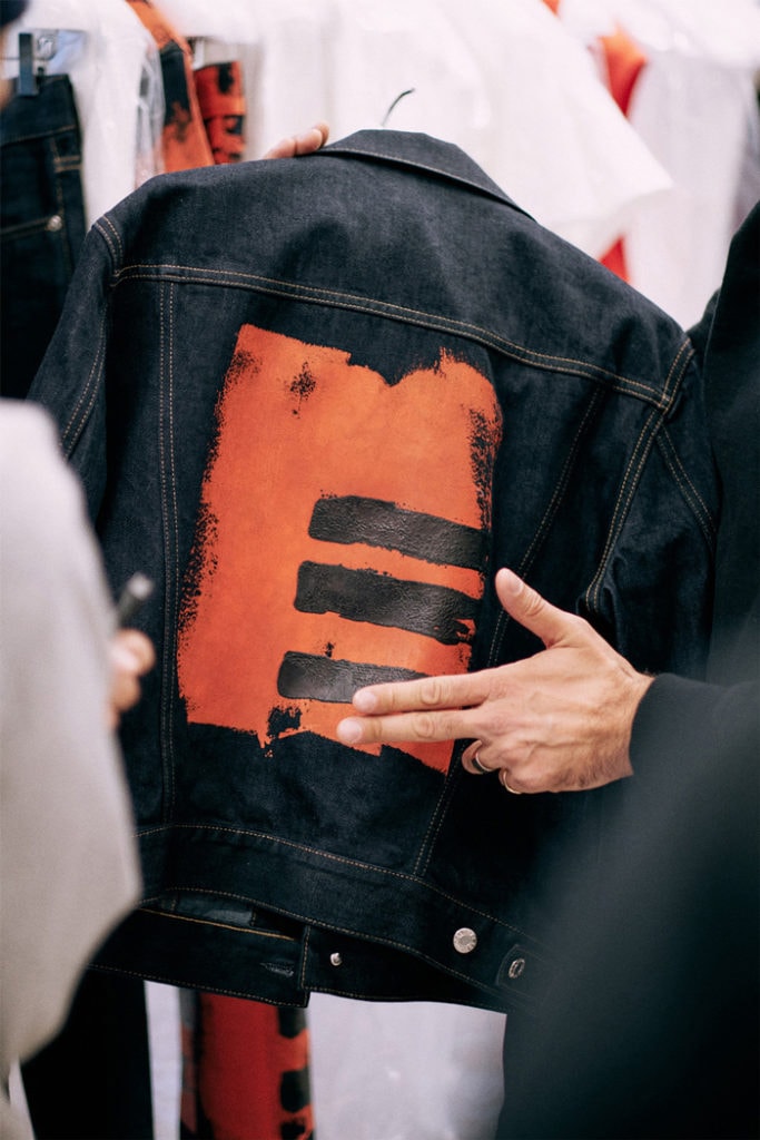 Helmut Lang Josephine Meckseper artist Capsule Collection Jeans three striped trucker Jacket 1997 Tee Paint Orange White