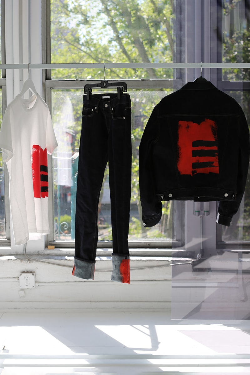 Helmut Lang Josephine Meckseper artist Capsule Collection Jeans three striped trucker Jacket 1997 Tee Paint Orange White