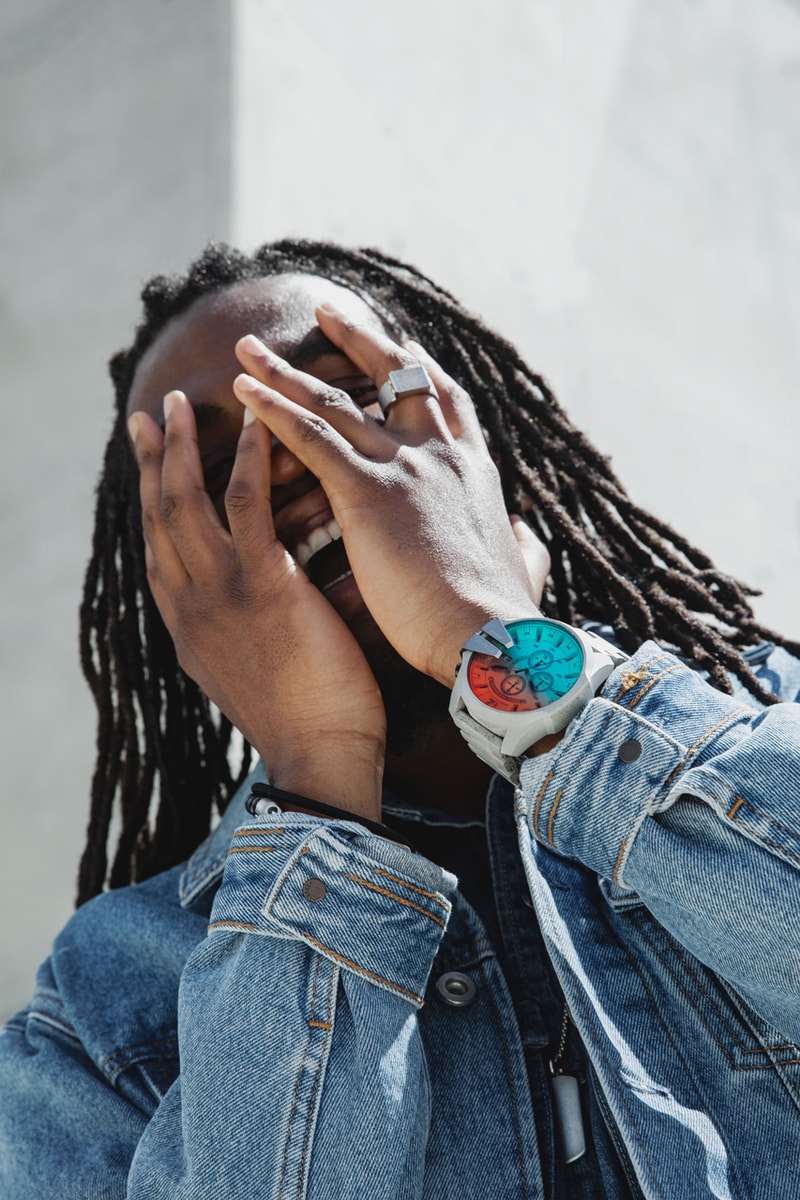 Kirk Knight x Diesel Mega Chief Concrete Watch lookbook grey red blue gradient ombre gun metal chronograph denim jeans koey bada$$