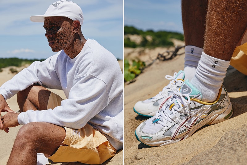 KITH "Oasis" Capsule Campaign Imagery Lookbook Shots ASICS GEL-KAYANO 5 OG Sneaker Release Closer Look Clothing Apparel Drop Mini Logo T-Shirt Habit Tee Convertible Swim Shorts Serif Bucket Hat Ronnie Fieg