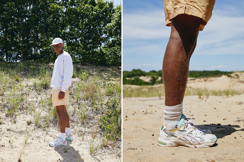KITH "Oasis" Capsule Campaign Imagery Lookbook Shots ASICS GEL-KAYANO 5 OG Sneaker Release Closer Look Clothing Apparel Drop Mini Logo T-Shirt Habit Tee Convertible Swim Shorts Serif Bucket Hat Ronnie Fieg