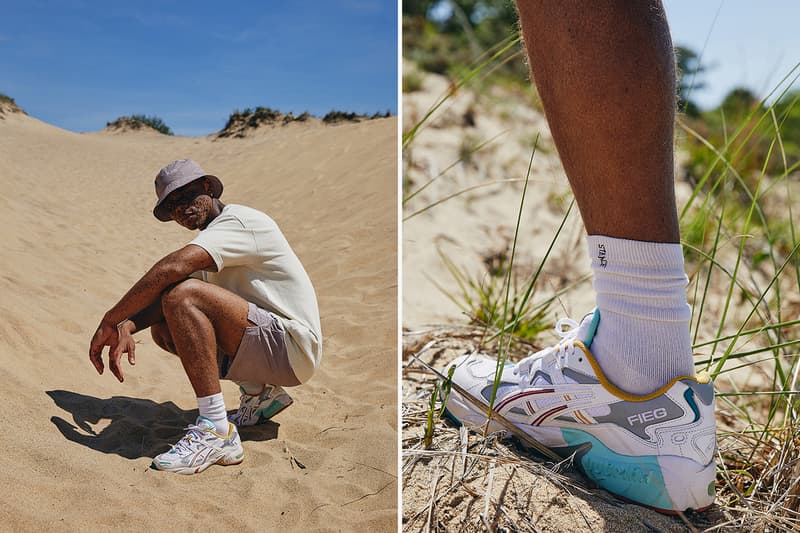 KITH "Oasis" Capsule Campaign Imagery Lookbook Shots ASICS GEL-KAYANO 5 OG Sneaker Release Closer Look Clothing Apparel Drop Mini Logo T-Shirt Habit Tee Convertible Swim Shorts Serif Bucket Hat Ronnie Fieg