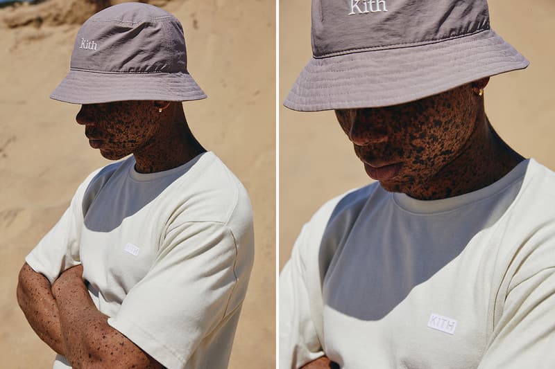 KITH "Oasis" Capsule Campaign Imagery Lookbook Shots ASICS GEL-KAYANO 5 OG Sneaker Release Closer Look Clothing Apparel Drop Mini Logo T-Shirt Habit Tee Convertible Swim Shorts Serif Bucket Hat Ronnie Fieg