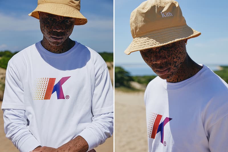 KITH "Oasis" Capsule Campaign Imagery Lookbook Shots ASICS GEL-KAYANO 5 OG Sneaker Release Closer Look Clothing Apparel Drop Mini Logo T-Shirt Habit Tee Convertible Swim Shorts Serif Bucket Hat Ronnie Fieg