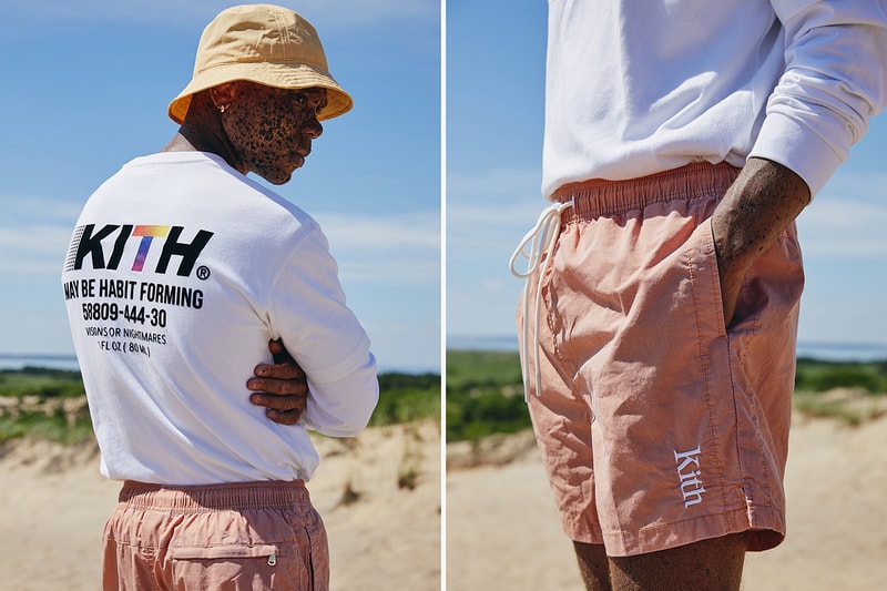 KITH "Oasis" Capsule Campaign Imagery Lookbook Shots ASICS GEL-KAYANO 5 OG Sneaker Release Closer Look Clothing Apparel Drop Mini Logo T-Shirt Habit Tee Convertible Swim Shorts Serif Bucket Hat Ronnie Fieg