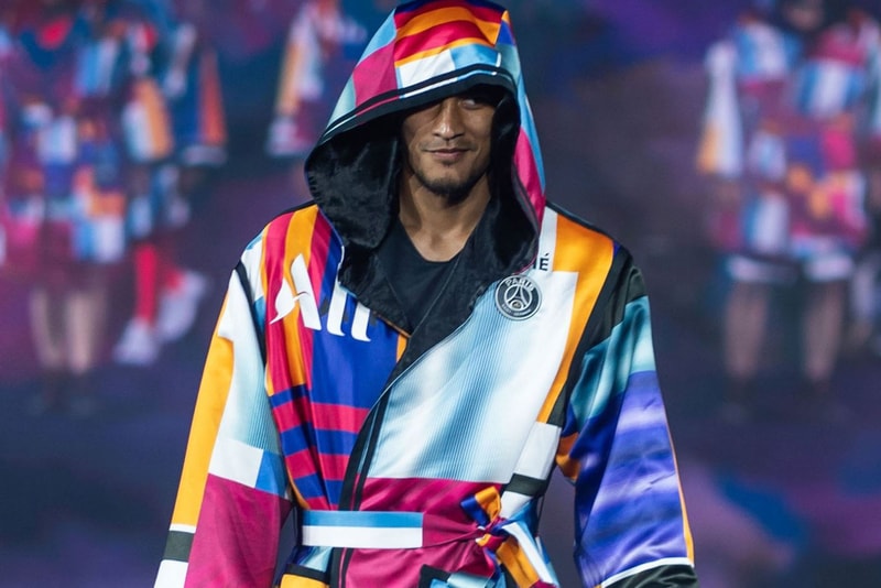 KOCHÉ Reimagines PSG's Football Kit Into a Colorful Boxer's Robe football soccer paris saint-germain dress kylian mbappe