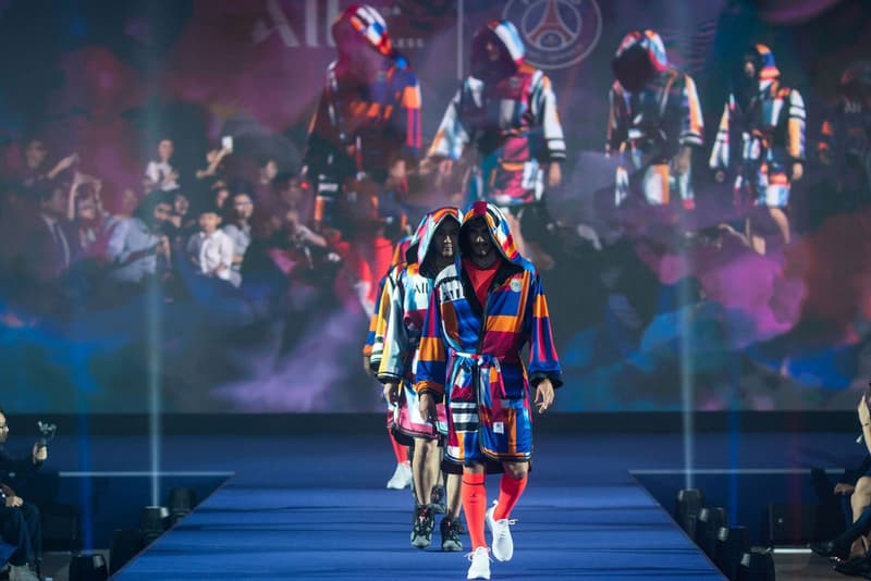 KOCHÉ Reimagines PSG's Football Kit Into a Colorful Boxer's Robe football soccer paris saint-germain dress kylian mbappe