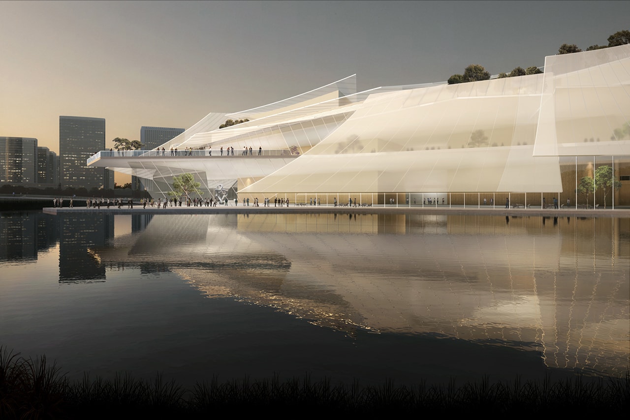 MAD Designs Yiwu Grand Theatre Architectural References Chinese Junk Boat Shape Sails Glass Water Ship Lake Dongyang River China Zhejiang province Theatre Complex theater