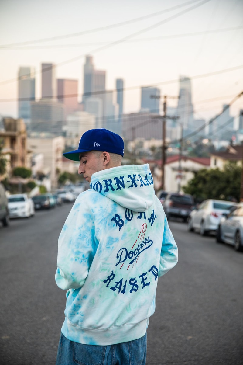 New Era BornxRaised Los Angeles Dodgers 59FIFTY Cap Tee Hoodie Blue Black White Red Yellow Pink Tie-dye hoodies july 19 2019