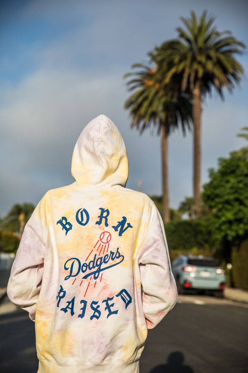 New Era BornxRaised Los Angeles Dodgers 59FIFTY Cap Tee Hoodie Blue Black White Red Yellow Pink Tie-dye hoodies july 19 2019