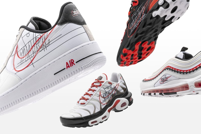 Nike "Evolution of The Swoosh" sunburst script chain Packs Foot Locker release info collection buy air force one plus tn react element 55 colorways