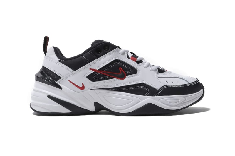 Nike M2K Tekno White University Red Black sneaker mesh OG swoosh logo tongue heel leather stitching chunky midsole mini Swoosh check perforated toe box 