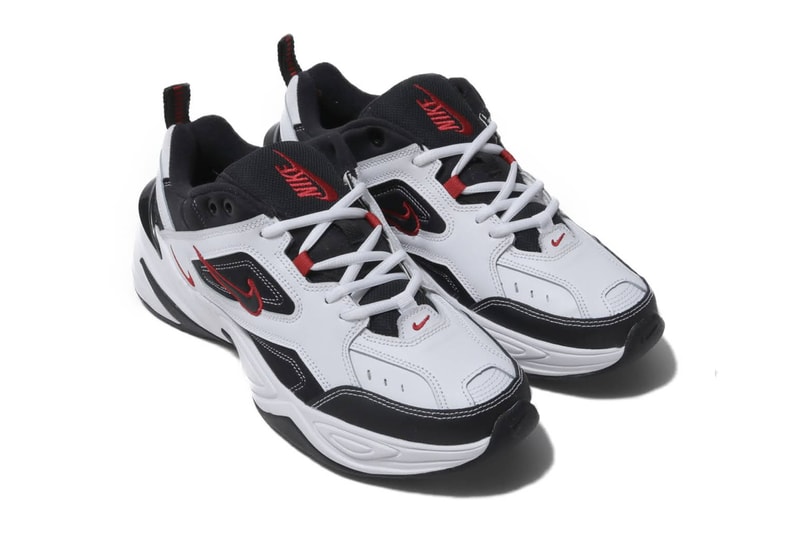 Nike M2K Tekno White University Red Black sneaker mesh OG swoosh logo tongue heel leather stitching chunky midsole mini Swoosh check perforated toe box 