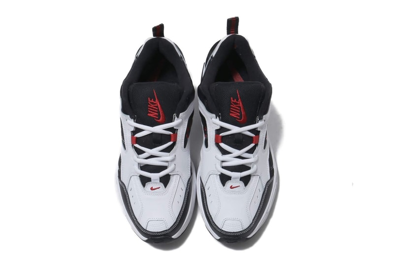 Nike M2K Tekno White University Red Black sneaker mesh OG swoosh logo tongue heel leather stitching chunky midsole mini Swoosh check perforated toe box 