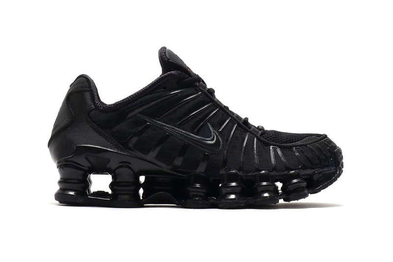Nike Shox TL Triple Black Colorway original 2003 midsole silhouette red Z logo highlights spring cushion shock absorption runner atmos ar3566-002
