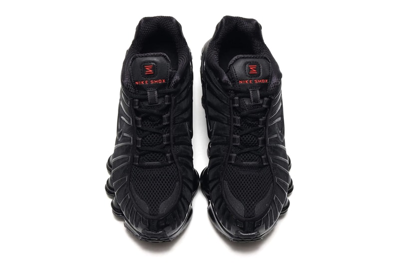 Nike Shox TL Triple Black Colorway original 2003 midsole silhouette red Z logo highlights spring cushion shock absorption runner atmos ar3566-002