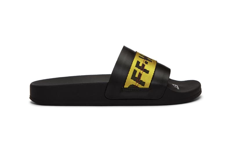 Off-White™ Industrial Belt Strap Sandals Black Yellow Red Stitching footbed cushion Virgil Abloh New Guards Group Made in Italy left right quotes