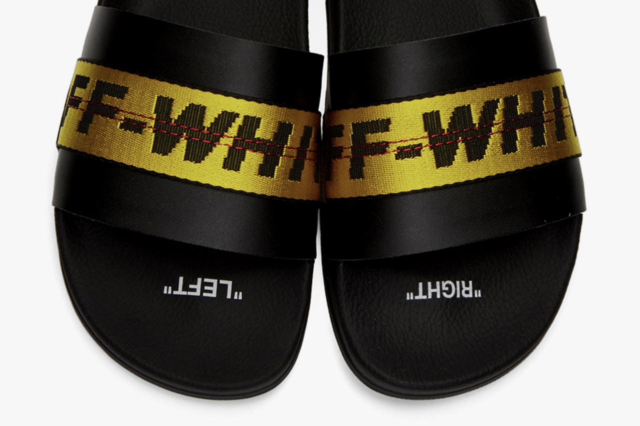 Off-White™ Industrial Belt Strap Sandals Black Yellow Red Stitching footbed cushion Virgil Abloh New Guards Group Made in Italy left right quotes