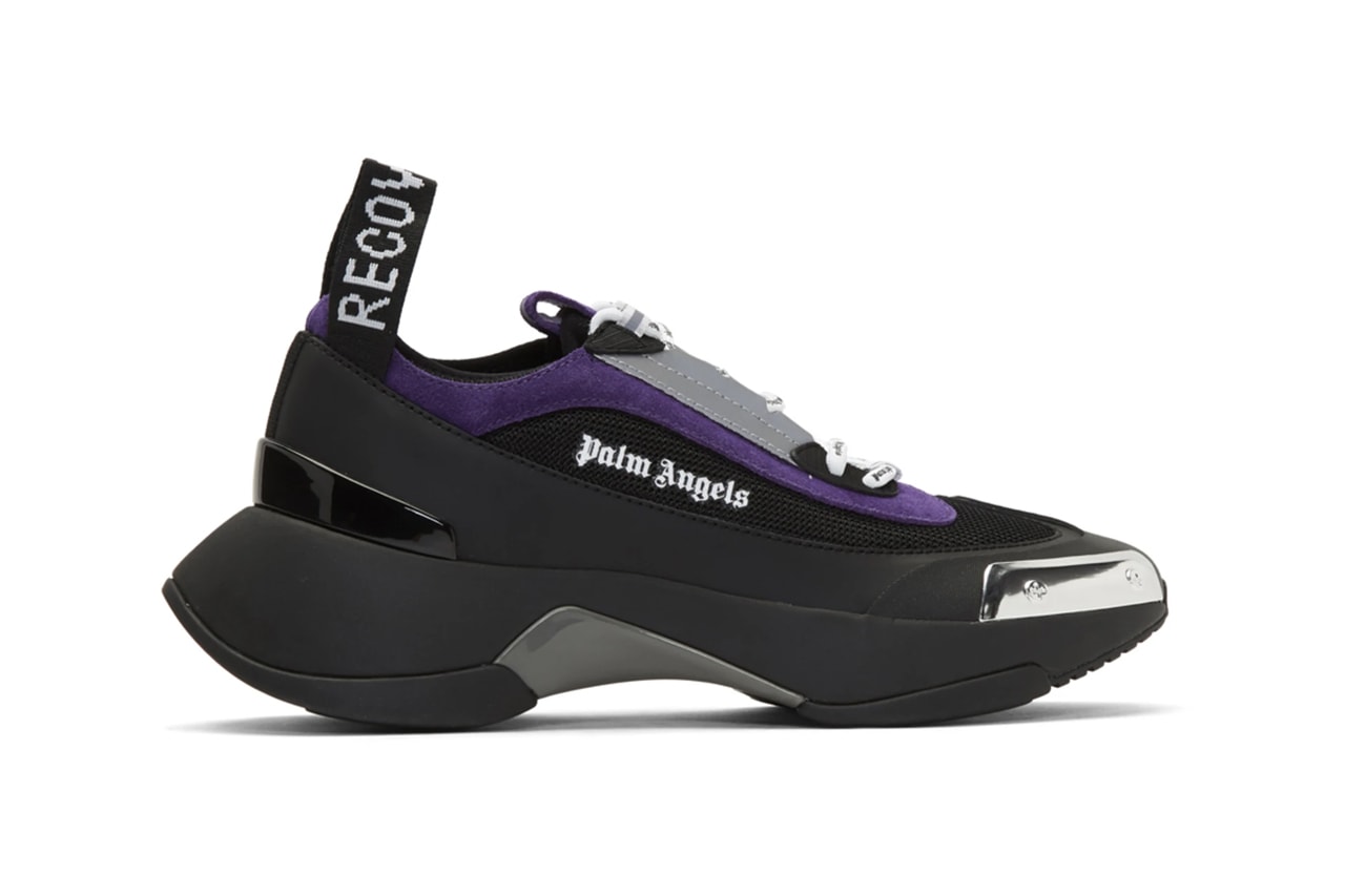Palm Angels Recovery Lace Up Sneakers Black Purple chunky midsole rubber plating velcro straps pull tab lace cage suede articulated curved heel trim gloss