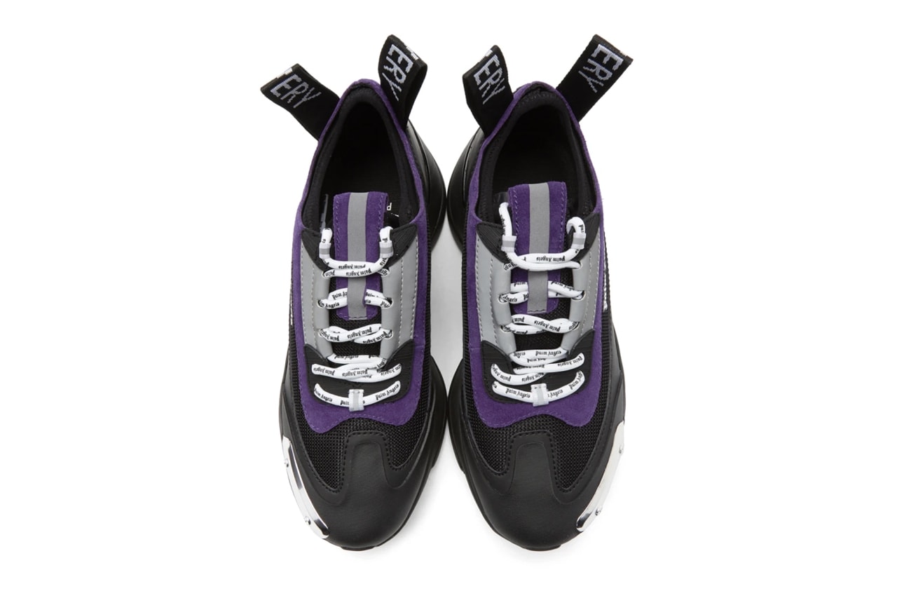 Palm Angels Recovery Lace Up Sneakers Black Purple chunky midsole rubber plating velcro straps pull tab lace cage suede articulated curved heel trim gloss