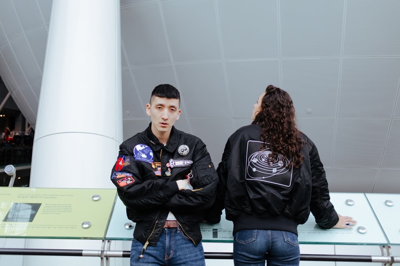 PINTRILL Alpha Industries CWU 45/P Space Race Flight Jacket Fall/Winter 2019 Collection Pins Patches NASA Moon Black Blue Red White Apollo 11 Moon Outer Space Aliens Area 51 Solar System Badges We Come In Piece Remove Before Flight Orbit 