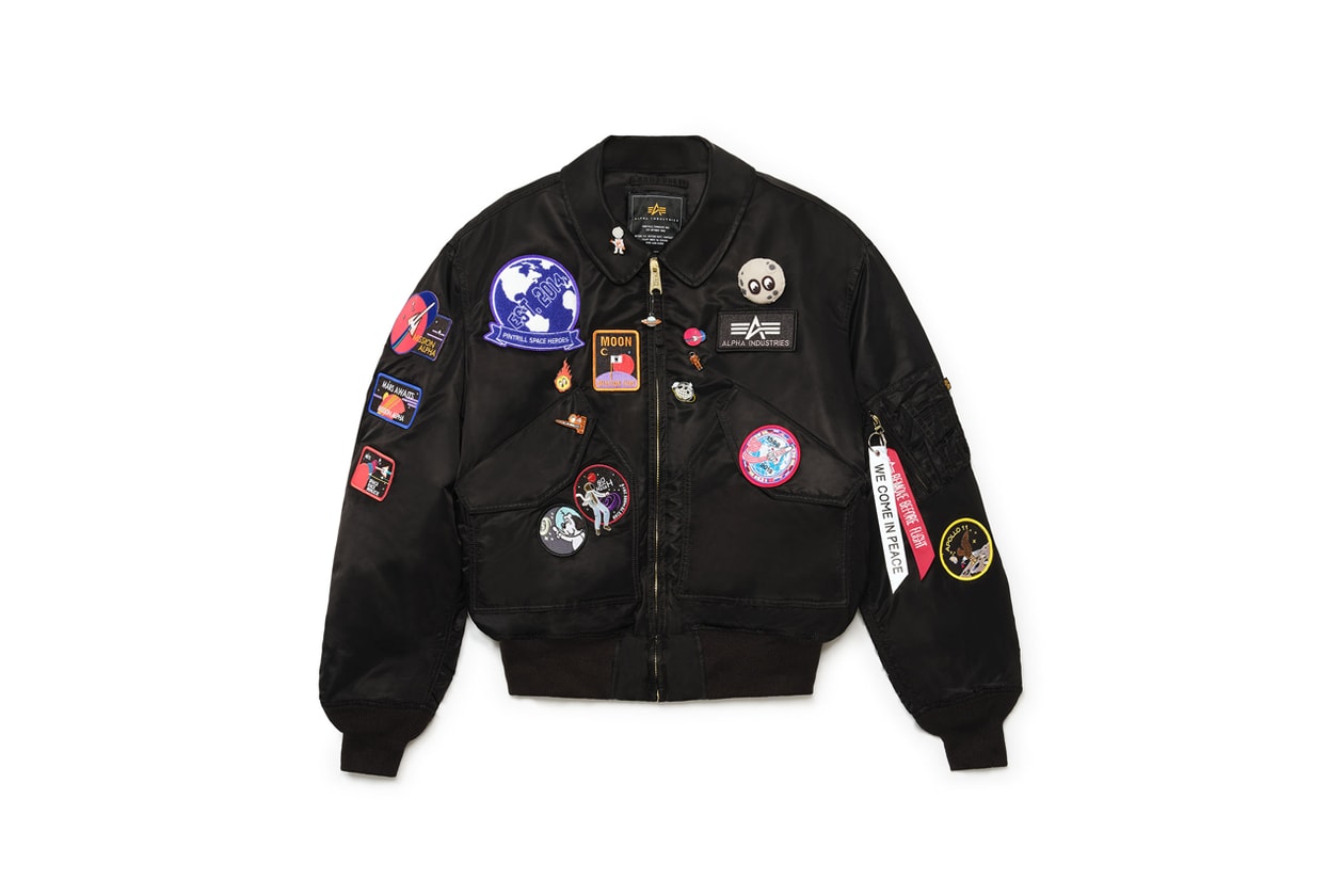 PINTRILL Alpha Industries CWU 45/P Space Race Flight Jacket Fall/Winter 2019 Collection Pins Patches NASA Moon Black Blue Red White Apollo 11 Moon Outer Space Aliens Area 51 Solar System Badges We Come In Piece Remove Before Flight Orbit 