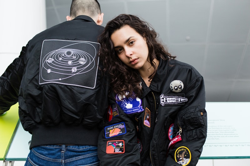 PINTRILL Alpha Industries CWU 45/P Space Race Flight Jacket Fall/Winter 2019 Collection Pins Patches NASA Moon Black Blue Red White Apollo 11 Moon Outer Space Aliens Area 51 Solar System Badges We Come In Piece Remove Before Flight Orbit 