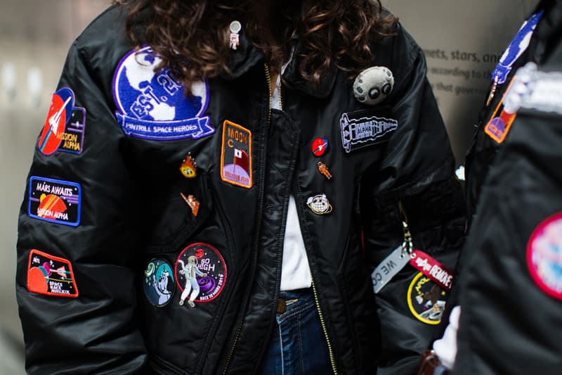 PINTRILL Alpha Industries CWU 45/P Space Race Flight Jacket Fall/Winter 2019 Collection Pins Patches NASA Moon Black Blue Red White Apollo 11 Moon Outer Space Aliens Area 51 Solar System Badges We Come In Piece Remove Before Flight Orbit