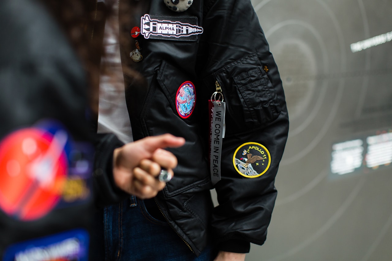 PINTRILL Alpha Industries CWU 45/P Space Race Flight Jacket Fall/Winter 2019 Collection Pins Patches NASA Moon Black Blue Red White Apollo 11 Moon Outer Space Aliens Area 51 Solar System Badges We Come In Piece Remove Before Flight Orbit 