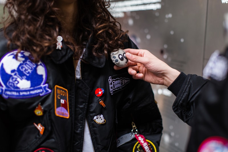 PINTRILL Alpha Industries CWU 45/P Space Race Flight Jacket Fall/Winter 2019 Collection Pins Patches NASA Moon Black Blue Red White Apollo 11 Moon Outer Space Aliens Area 51 Solar System Badges We Come In Piece Remove Before Flight Orbit 
