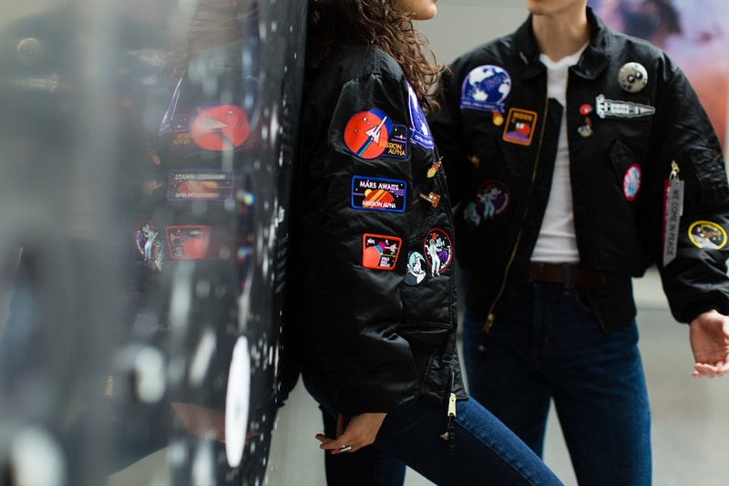 PINTRILL Alpha Industries CWU 45/P Space Race Flight Jacket Fall/Winter 2019 Collection Pins Patches NASA Moon Black Blue Red White Apollo 11 Moon Outer Space Aliens Area 51 Solar System Badges We Come In Piece Remove Before Flight Orbit 
