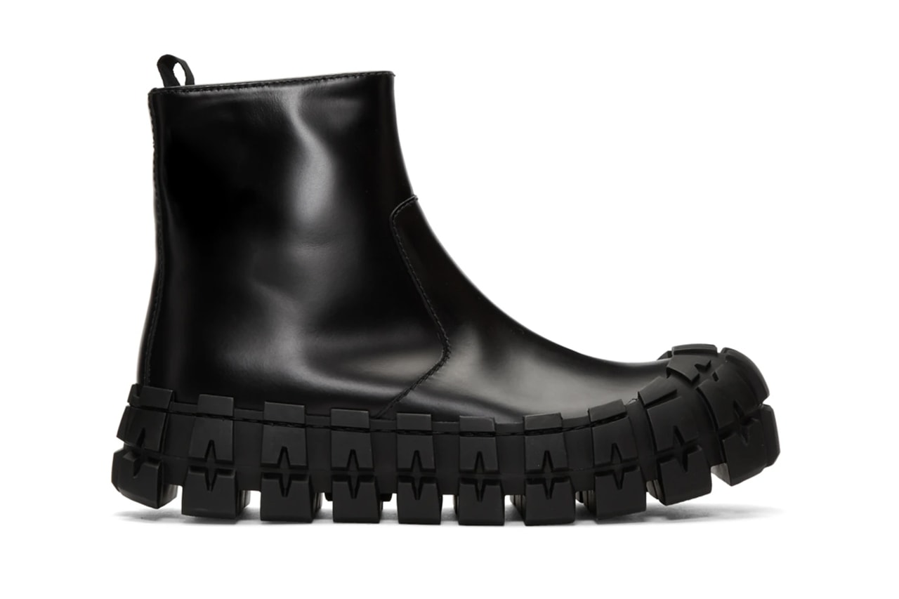 Prada Black Wheel Sole Zip Boots and Derbys classic tonal stitching eyelets tire treads thick chunky made in italy leather sleek minimal green