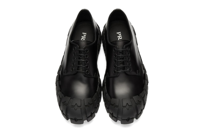 Prada Black Wheel Sole Zip Boots and Derbys classic tonal stitching eyelets tire treads thick chunky made in italy leather sleek minimal green