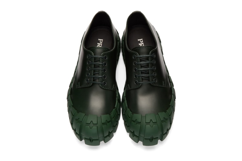 Prada Black Wheel Sole Zip Boots and Derbys classic tonal stitching eyelets tire treads thick chunky made in italy leather sleek minimal green