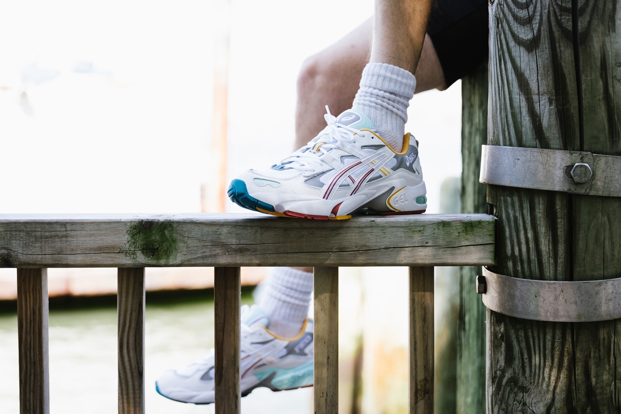 Ronnie Fieg ASICS Gel-Kayano 5 OG the Oasis Closer Look sneakers on feet photos pictures white yellow red blue green seafoam