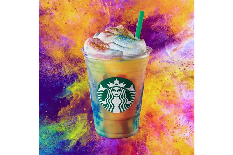 Starbucks Tie-Dye Frappuccino Summer Groove Food and Drinks 1960s '70s Inspired Sweet Participating Stores United States of America Canada USA Tropical Crème Yellow Red Blue 