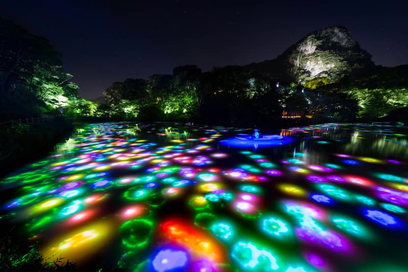 teamLab Mifuneyama Rakuen Park Immersive Exhibition A Forest Where Gods Live humans nature interactions Floating Resonating Lamps Drawing on the Water Surface Created by the Dance of Koi and Boats Ever Blossoming Life Rock Universe of Water Particles on a Sacred Rock The Floating Tree