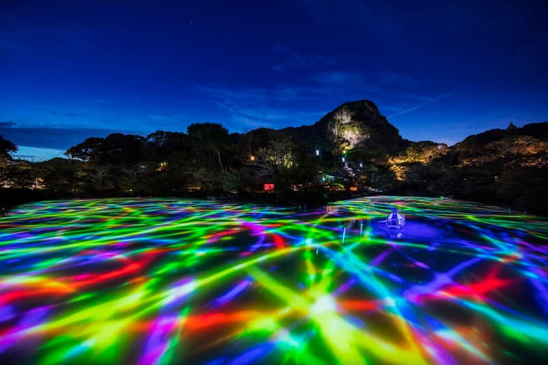 teamLab Mifuneyama Rakuen Park Immersive Exhibition A Forest Where Gods Live humans nature interactions Floating Resonating Lamps Drawing on the Water Surface Created by the Dance of Koi and Boats Ever Blossoming Life Rock Universe of Water Particles on a Sacred Rock The Floating Tree