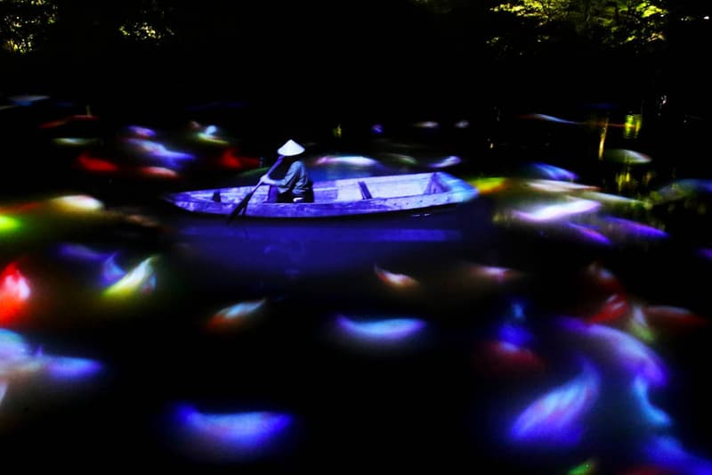 teamLab Mifuneyama Rakuen Park Immersive Exhibition A Forest Where Gods Live humans nature interactions Floating Resonating Lamps Drawing on the Water Surface Created by the Dance of Koi and Boats Ever Blossoming Life Rock Universe of Water Particles on a Sacred Rock The Floating Tree