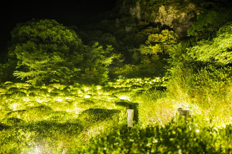 teamLab Mifuneyama Rakuen Park Immersive Exhibition A Forest Where Gods Live humans nature interactions Floating Resonating Lamps Drawing on the Water Surface Created by the Dance of Koi and Boats Ever Blossoming Life Rock Universe of Water Particles on a Sacred Rock The Floating Tree