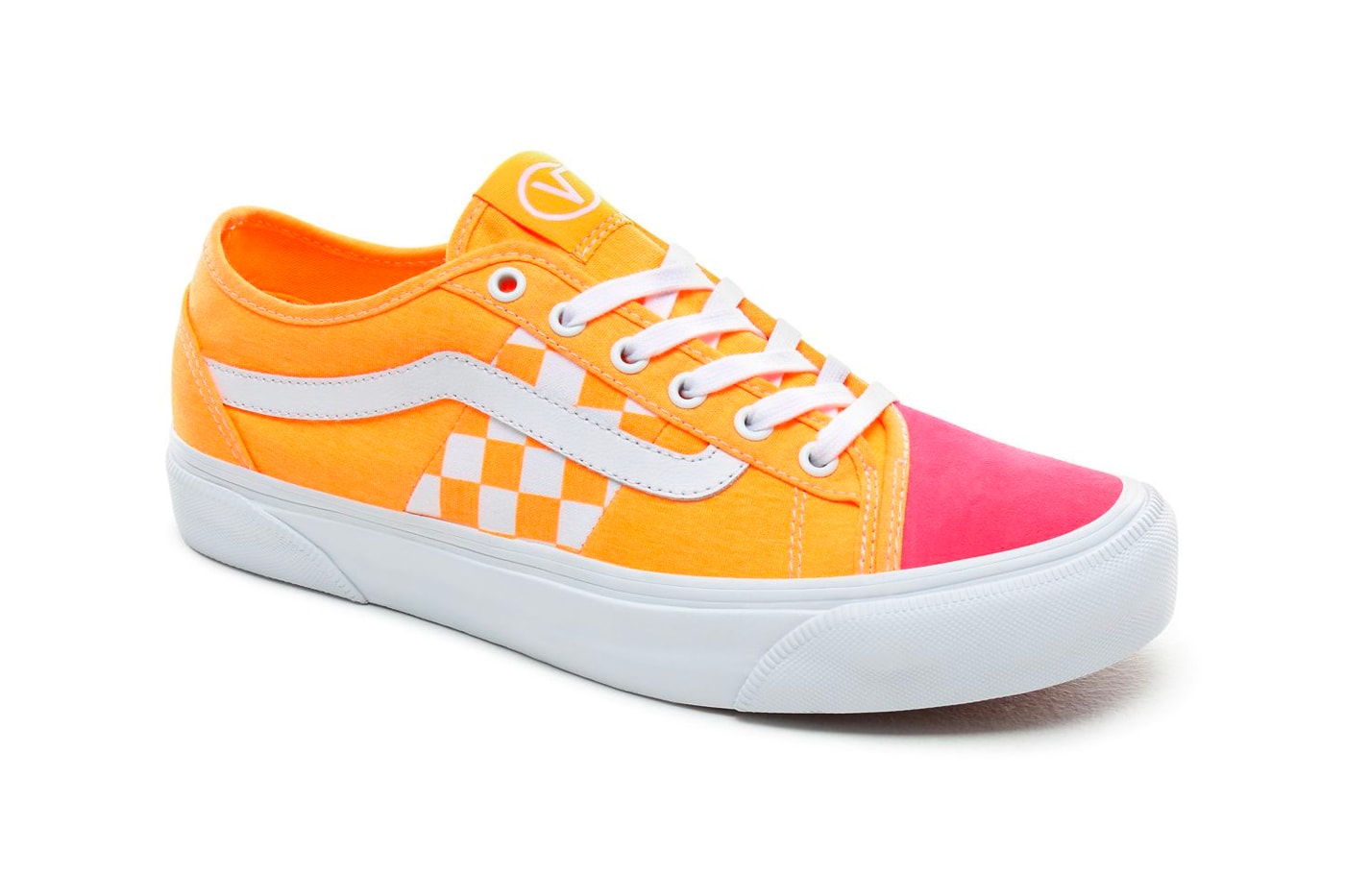 Vans BESS NI Orange Pop Knockout Pink Navy Stv Billys exclusive waffle sole white laces checkers side stripes midsole duo tone asymmetrical 