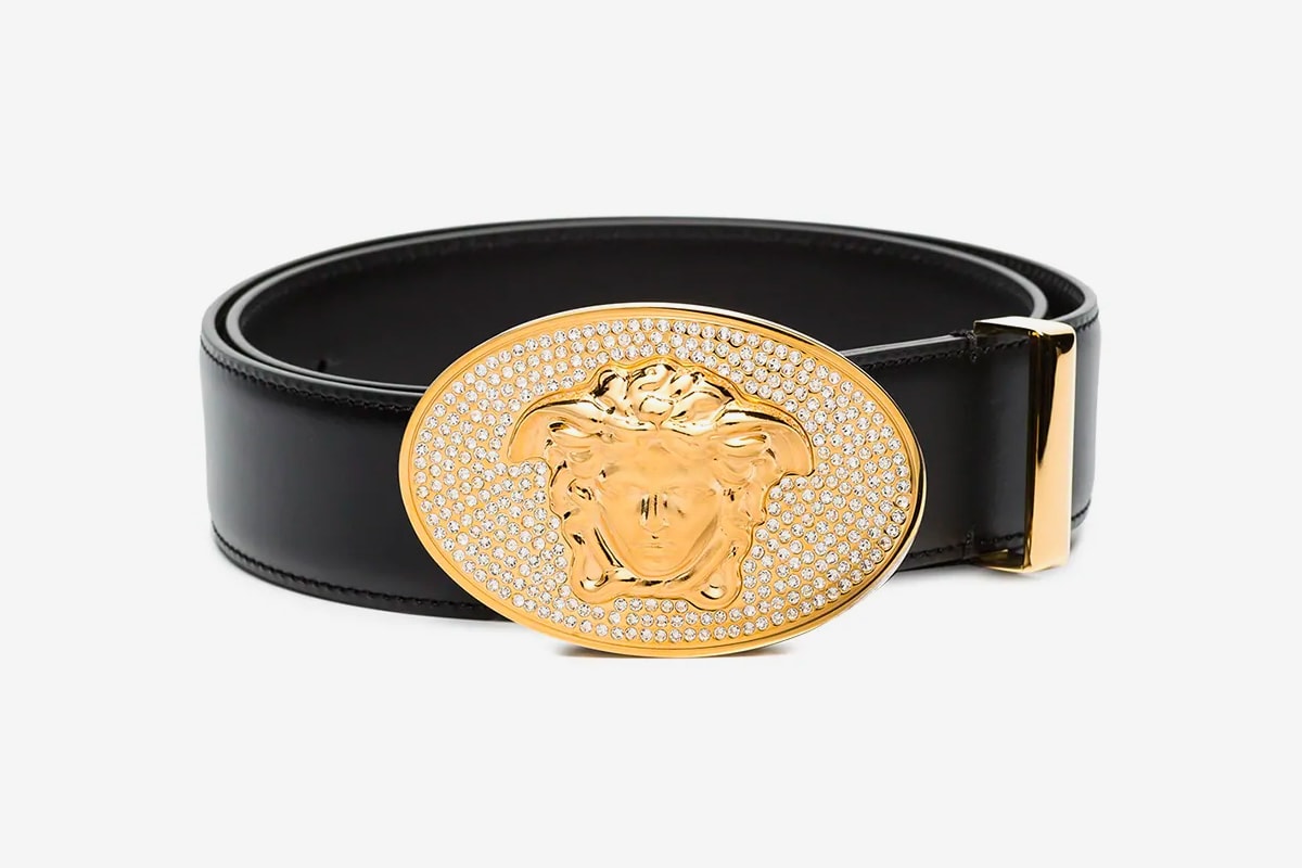 Versace Medusa Crystal-Embellished Belt Release Black Gold Head Buy info Price