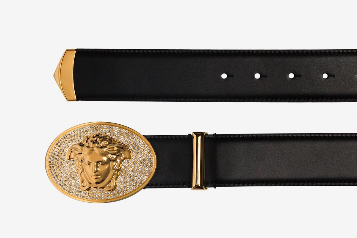 Versace Medusa Crystal-Embellished Belt Release Black Gold Head Buy info Price